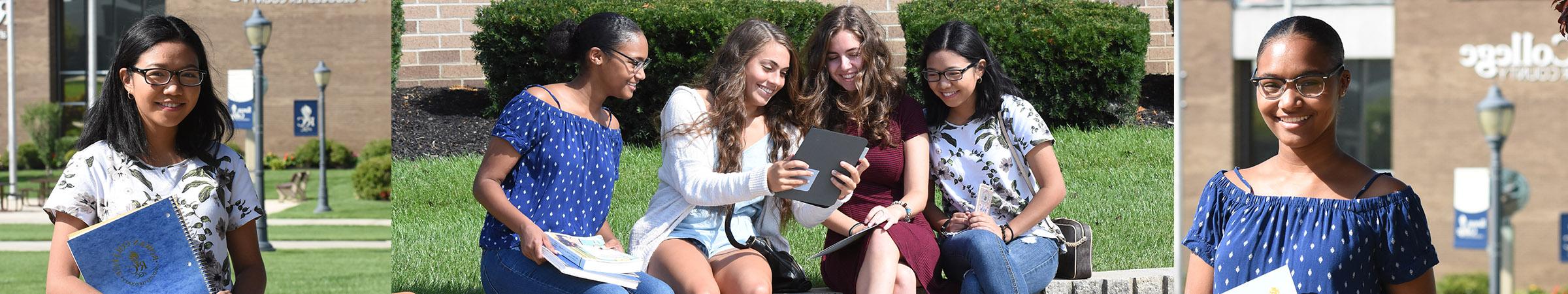 学生 looking at an iPad on campus